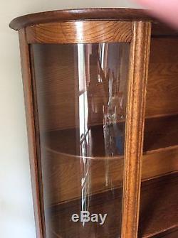 Antique Oak Wood & Glass Side Curved China Cabinet, Curio, Plates Display, Key