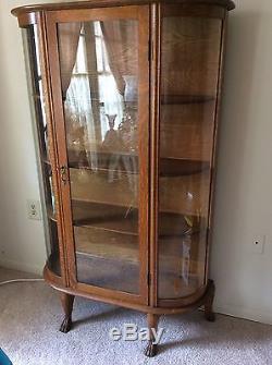 Antique Oak Wood & Glass Side Curved China Cabinet, Curio, Plates Display, Key