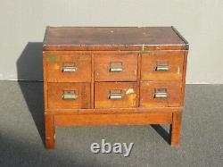 Antique Oak Wood Industrial Rustic Six Drawer Card Catalog File Cabinet