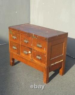 Antique Oak Wood Industrial Rustic Six Drawer Card Catalog File Cabinet