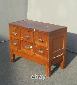 Antique Oak Wood Industrial Rustic Six Drawer Card Catalog File Cabinet