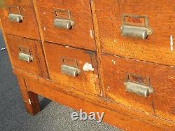 Antique Oak Wood Industrial Rustic Six Drawer Card Catalog File Cabinet