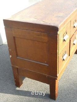 Antique Oak Wood Industrial Rustic Six Drawer Card Catalog File Cabinet