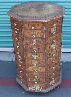 Antique Octagonal Hardware Store Bolt & Screw Rotating Cabinet with 80 Drawers