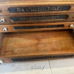 Antique Optometrist Visionary, Glasses, Wooden Chest Holder / Spool Cabinet RARE