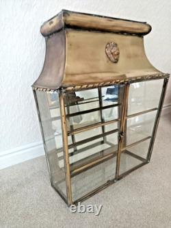 Antique Original French Brass Wall Display Cabinet Mirror Back Lions Head Rare
