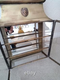 Antique Original French Brass Wall Display Cabinet Mirror Back Lions Head Rare