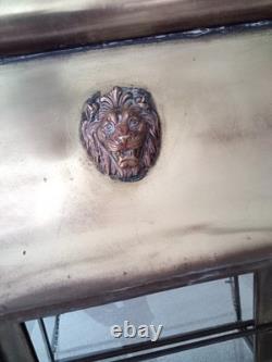 Antique Original French Brass Wall Display Cabinet Mirror Back Lions Head Rare