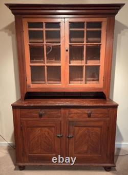 Antique PA Dutch Pine 12-Pane Grain Painted 2-Piece Flatback Cupboard, Ca. 1860s