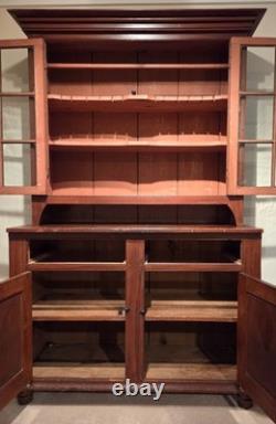 Antique PA Dutch Pine 12-Pane Grain Painted 2-Piece Flatback Cupboard, Ca. 1860s