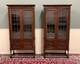 Antique Pair English Jacobean Bookcases Bookshelves Cabinets Leaded Glass Oak