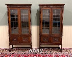Antique PAIR English Jacobean Bookcases Bookshelves Cabinets Leaded Glass Oak
