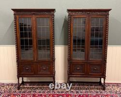 Antique PAIR English Jacobean Bookcases Bookshelves Cabinets Leaded Glass Oak