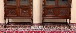 Antique PAIR English Jacobean Bookcases Bookshelves Cabinets Leaded Glass Oak