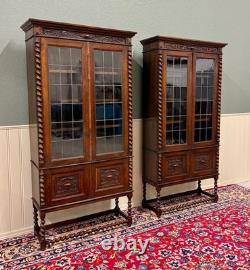 Antique PAIR English Jacobean Bookcases Bookshelves Cabinets Leaded Glass Oak