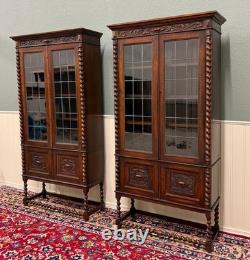 Antique PAIR English Jacobean Bookcases Bookshelves Cabinets Leaded Glass Oak