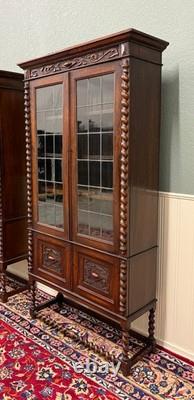 Antique PAIR English Jacobean Bookcases Bookshelves Cabinets Leaded Glass Oak