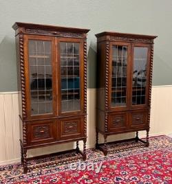 Antique PAIR English Jacobean Bookcases Bookshelves Cabinets Leaded Glass Oak