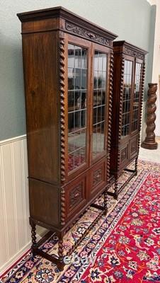 Antique PAIR English Jacobean Bookcases Bookshelves Cabinets Leaded Glass Oak
