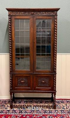 Antique PAIR English Jacobean Bookcases Bookshelves Cabinets Leaded Glass Oak