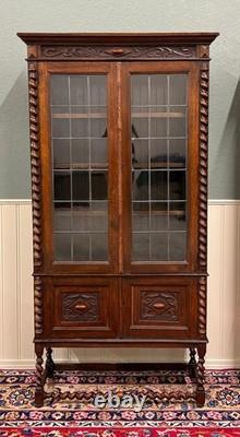 Antique PAIR English Jacobean Bookcases Bookshelves Cabinets Leaded Glass Oak