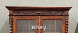 Antique PAIR English Jacobean Bookcases Bookshelves Cabinets Leaded Glass Oak