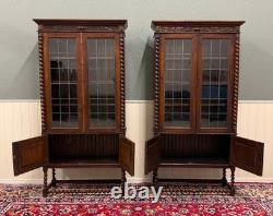 Antique PAIR English Jacobean Bookcases Bookshelves Cabinets Leaded Glass Oak