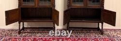 Antique PAIR English Jacobean Bookcases Bookshelves Cabinets Leaded Glass Oak