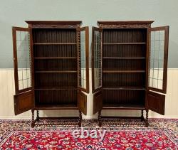 Antique PAIR English Jacobean Bookcases Bookshelves Cabinets Leaded Glass Oak