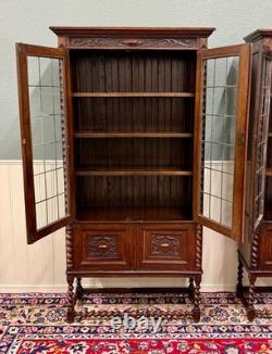 Antique PAIR English Jacobean Bookcases Bookshelves Cabinets Leaded Glass Oak