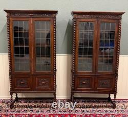 Antique PAIR English Jacobean Bookcases Bookshelves Cabinets Leaded Glass Oak