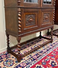 Antique PAIR English Jacobean Bookcases Bookshelves Cabinets Leaded Glass Oak