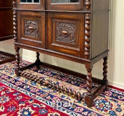 Antique PAIR English Jacobean Bookcases Bookshelves Cabinets Leaded Glass Oak