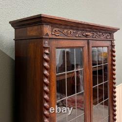 Antique PAIR English Jacobean Bookcases Bookshelves Cabinets Leaded Glass Oak