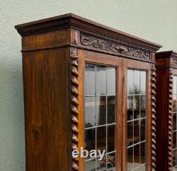 Antique PAIR English Jacobean Bookcases Bookshelves Cabinets Leaded Glass Oak