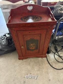 Antique Painted Floral Wood Cabinet Red Carvings Single Raised Panel Door