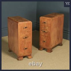 Antique Pair Art Deco Figured Walnut Bedside Cabinet Chests Tables Nightstands