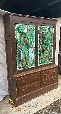 Antique Pine Stepback Farmhouse Country Cupboard Leaded Green Slag Glass Doors