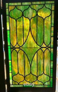 Antique Pine Stepback Farmhouse Country Cupboard Leaded Green Slag Glass Doors