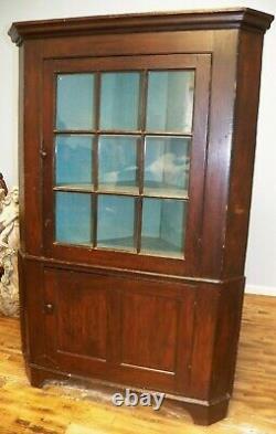 Antique Primitive Corner Cupboard Cabinet Divided Glass Door Pine & Poplar
