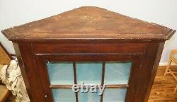 Antique Primitive Corner Cupboard Cabinet Divided Glass Door Pine & Poplar