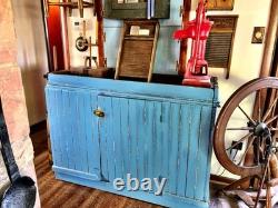 Antique Primitive Farmhouse Blue Chippy Painted Step Back Hutch Bottom Cupboard
