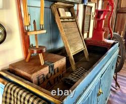 Antique Primitive Farmhouse Blue Chippy Painted Step Back Hutch Bottom Cupboard