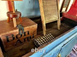 Antique Primitive Farmhouse Blue Chippy Painted Step Back Hutch Bottom Cupboard