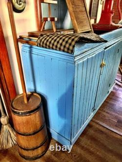 Antique Primitive Farmhouse Blue Chippy Painted Step Back Hutch Bottom Cupboard