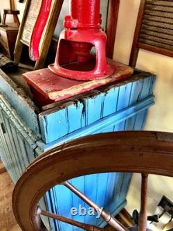 Antique Primitive Farmhouse Blue Chippy Painted Step Back Hutch Bottom Cupboard