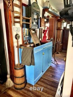 Antique Primitive Farmhouse Blue Chippy Painted Step Back Hutch Bottom Cupboard