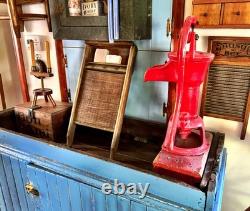 Antique Primitive Farmhouse Blue Chippy Painted Step Back Hutch Bottom Cupboard