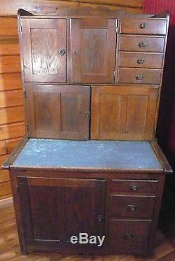 Antique Primitive Farmhouse Oak Hoosier Cabinet, Original Finish, Metal Pull-Out