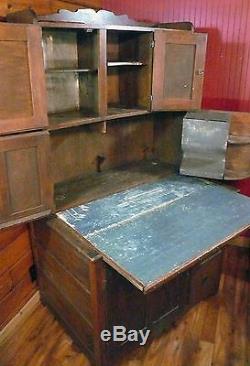 Antique Primitive Farmhouse Oak Hoosier Cabinet, Original Finish, Metal Pull-Out